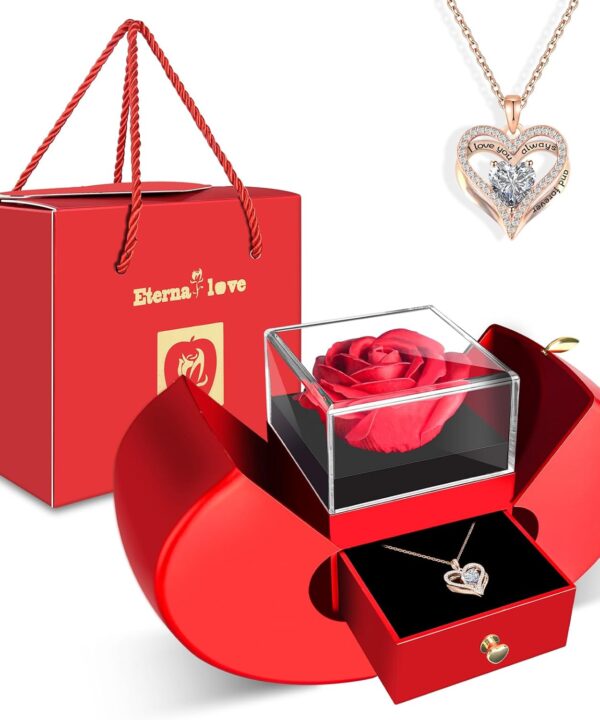 Preserved Flower Red Rose with Heart Necklace, Gifts for Mom, Girlfriend, Women, Wife, Grandma on Christmas, Valentine's Day, Mother's Day, Birthday, Anniversary, Thanksgiving