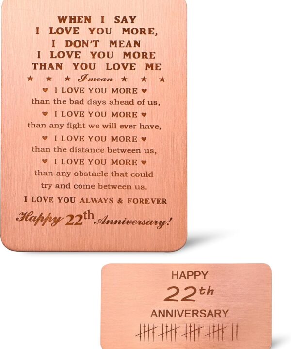 MagEnergy 22 Year Anniversary Card Gifts for Him, Handmade Copper Love Card for Husband, Romantic 22th Anniversary Card for Wife, 22th Wedding Wallet Card Gift