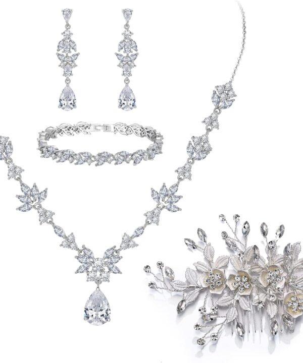 BriLove Wedding Jewelry Set for Women, Y-Necklace Tennis Bracelet Dangle Earrings with AAA Cubic Zirconia Teardrop for Bridal Bridesmaid