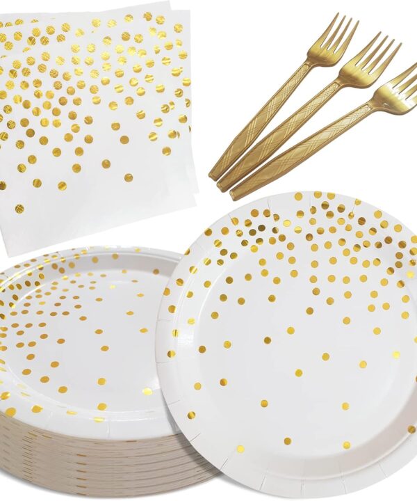 White and Gold Paper Plates Napkins Party Supplies,Disposable Gold Dot Paper Dessert Plates,105 PCS Birthday Plates and Napkins Party Supplies for Wedding(Serves 35 Guests 7")