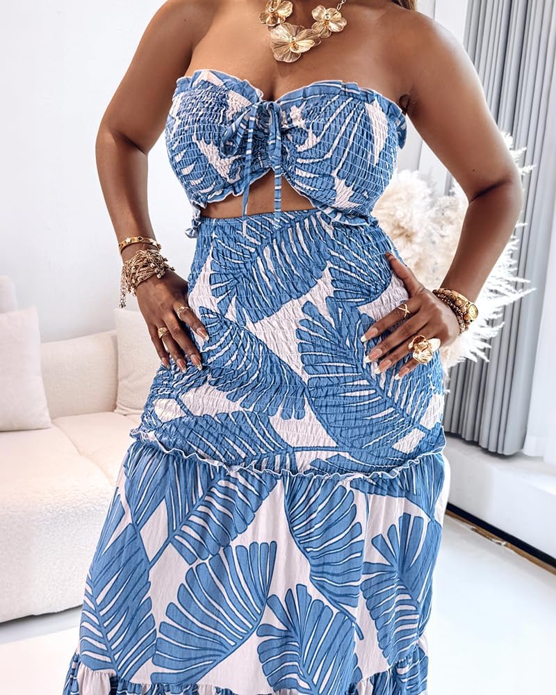 CHICME Floral Printed Prom Dress Tie Ruched Shirred Bandeau Party Dress Slim Fit Ruffle Hem Vacation Dresses