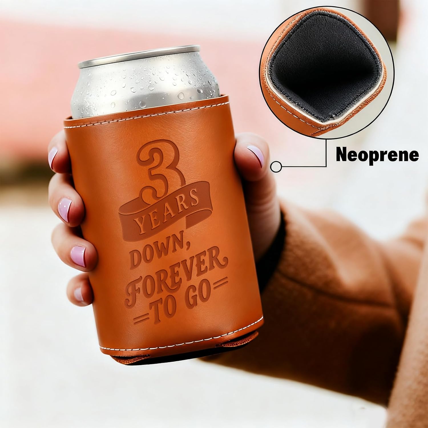 Leather 3rd Anniversary Wedding Gifts for Him Men, 3rd Anniversary Engagement Gift for Husband Dad Grandpa, 3 Year Leather Presents, Leathe r Can Cooler for Mens 12Oz, 3 Year Anniversary items