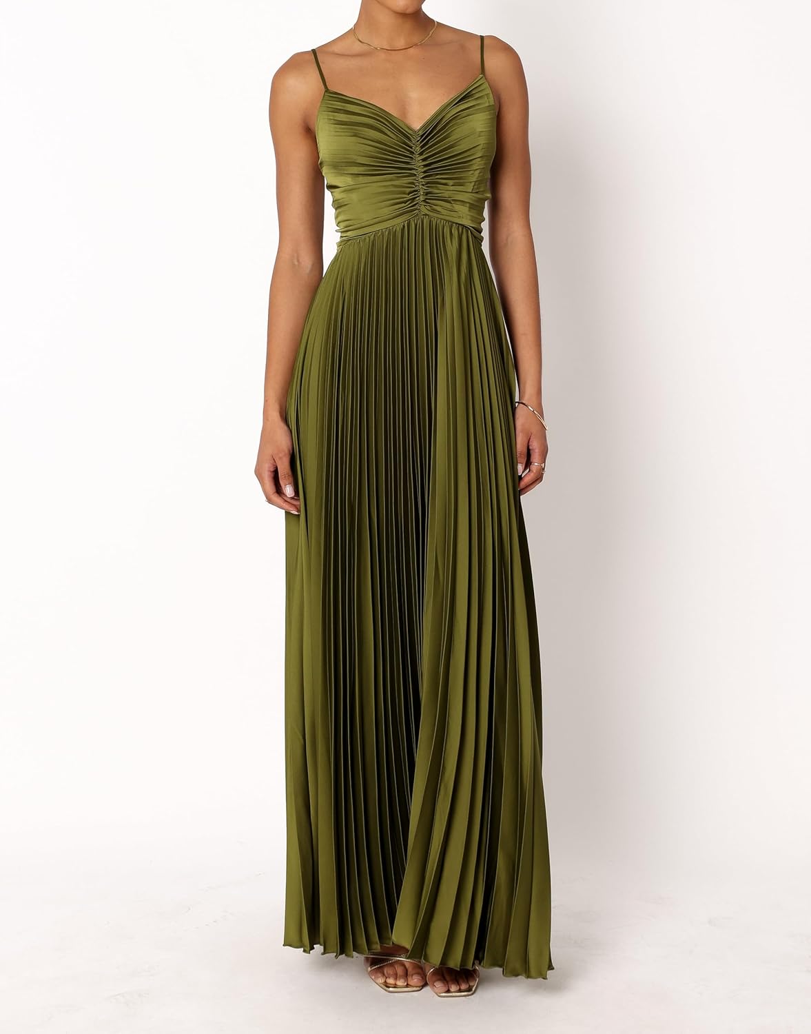 LASPIA Womens Pleated Dress Formal Adjustable Spaghetti Strap Maxi Solid Bridesmaid Evening Party Dresses