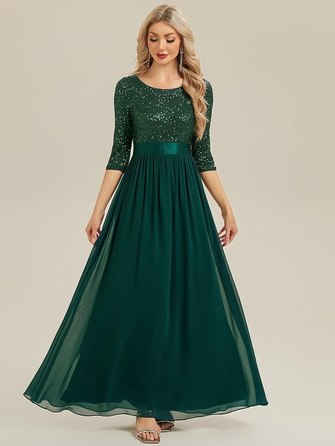 Ever-Pretty Womens Sequin Chiffon Formal Dresses A-Line Half Sleeves Maxi Evening Gown Mother of Bride Dress