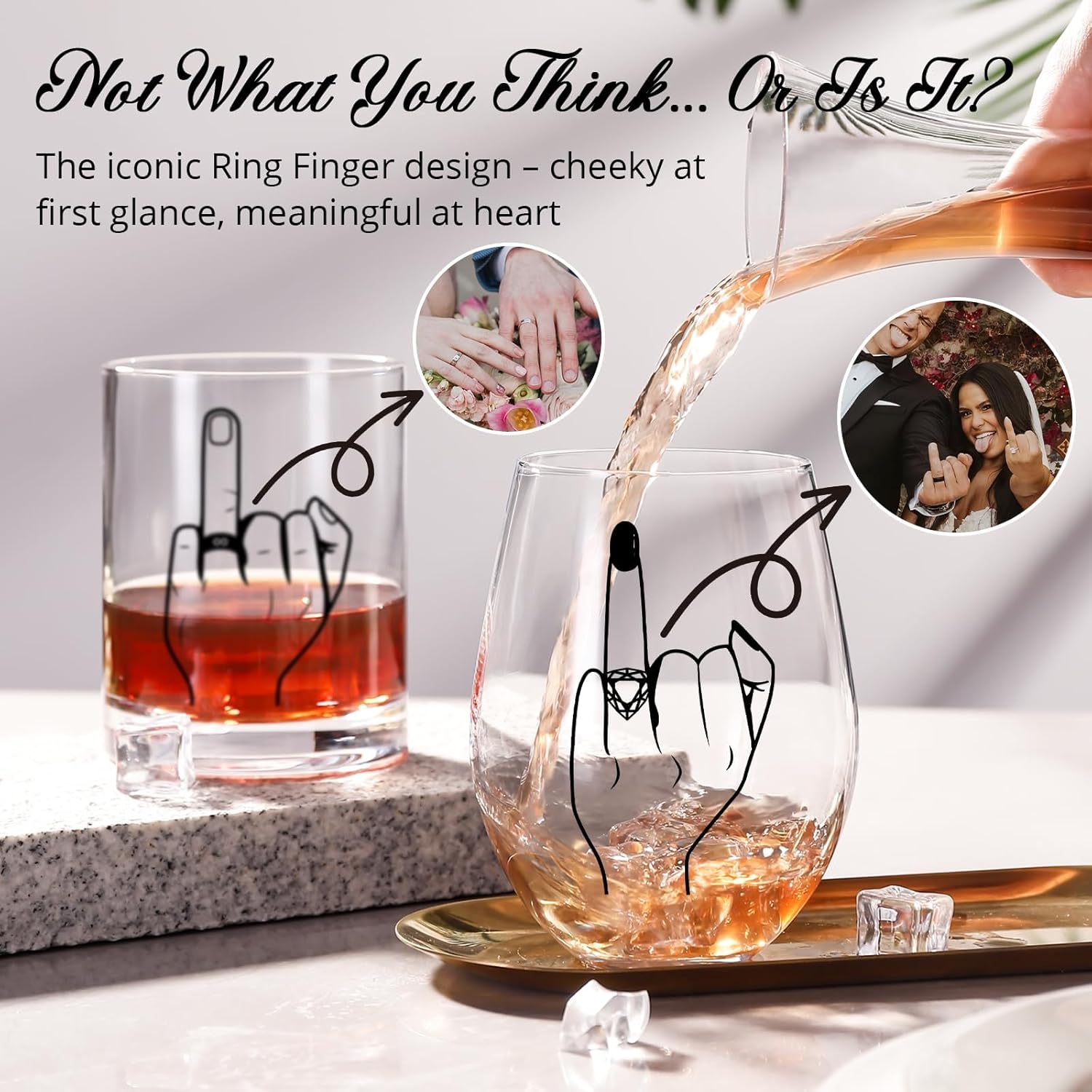 Funny Engagement/Wedding Gift for Couples Ring Finger Wine and Whiskey Glass SetCool Bridal Shower/Bachelorette Gift for Bride Groom, Newlyweds,Just Married,Mr and Mrs for Valentines Day