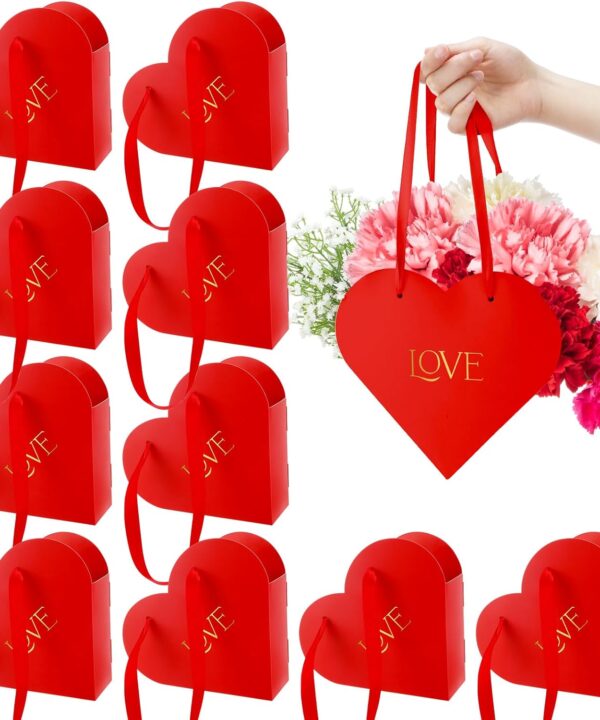 Kolldenn 12 Pcs Heart Shaped Flowers Boxes Valentine Bouquet Storage Bucket Valentine's Day Floral Boxes for Arrangements Paper Floral Bag with Handle Basket Handbag for Florist Bridal Shower(Red)
