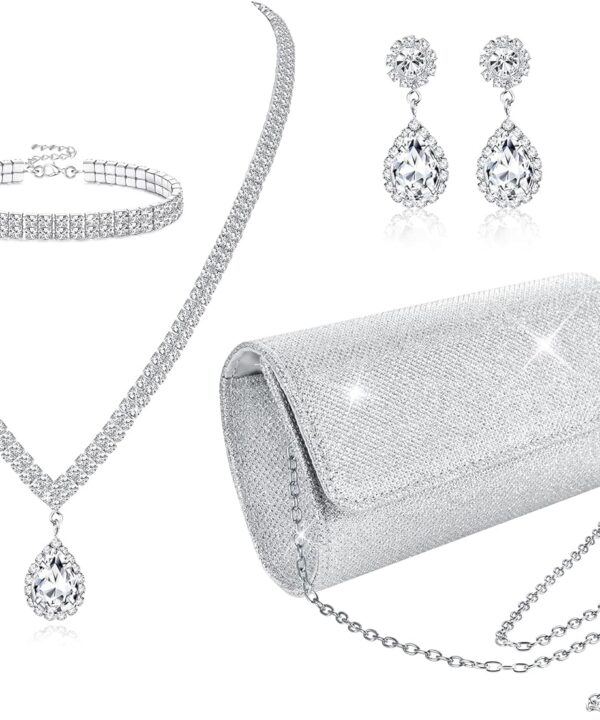 Subiceto 4Pcs Silver Clutch Purse Jewelry Set for Women Evening Rhinestone Purse Crystal Necklace Earrings Bracelets Set Silver Accessories for Women Bride Wedding Jewelry