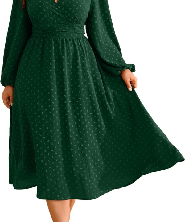 RWJ Women's Plus Size Fall Wedding Guest Dress Wrap V Neck Swiss Dot Lantern Long Sleeve Swing Boho Casual Dresses