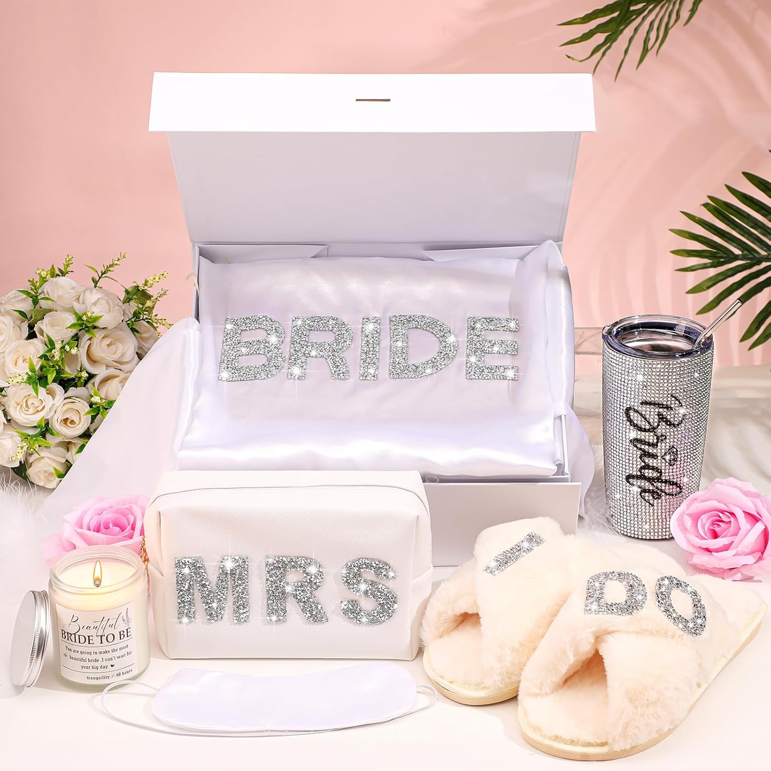 Croloose 9 Pcs Rhinestone Bridal Shower Gift Set Include Box 20 oz Tumbler Slippers Bride Robe Makeup Bag Scented Candle Blindfold 2 Artificial Rose for Bachelorette Wedding Party Gift