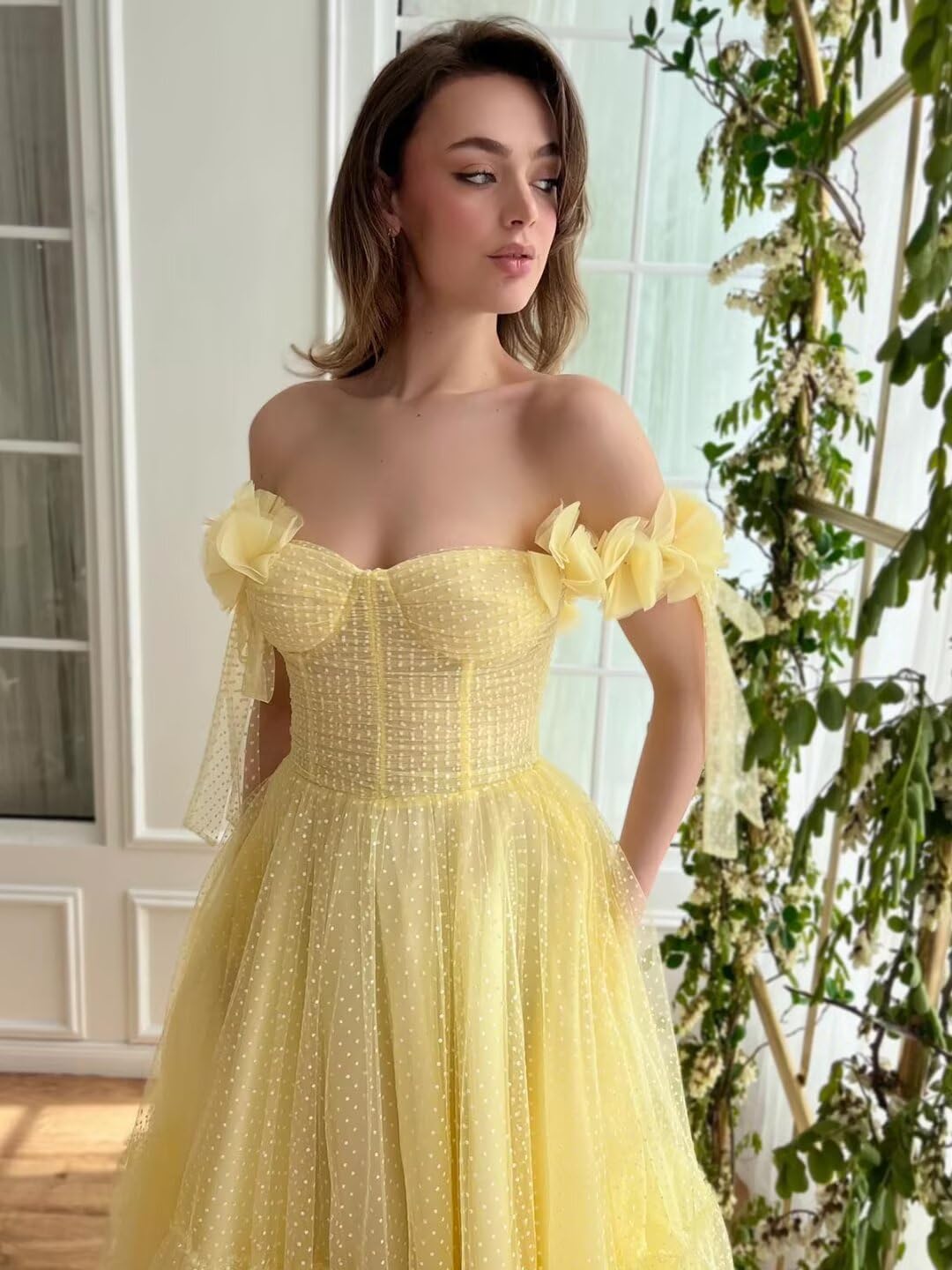 Dotted Tulle Off Shoulder Prom Dress for Women Sweetheart Midi Puffy Formal Party Gowns
