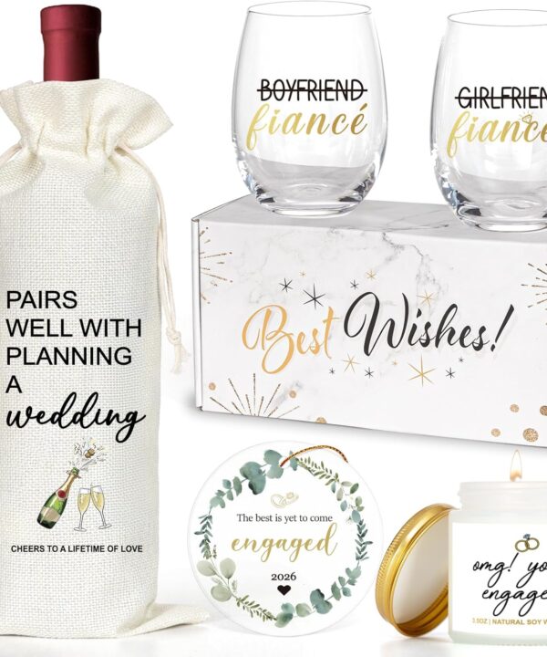 Engagement Gifts For Couples, Newly Engaged Fiance Gifts For Her Him Women Men, Future Mrs Just Enagaed Wine Glasses Bag Set With Candle And Ornament, Cool Wedding Party Decorations for Bride To Be