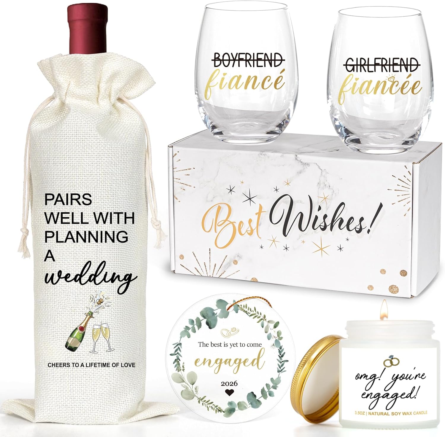 Engagement Gifts For Couples, Newly Engaged Fiance Gifts For Her Him Women Men, Future Mrs Just Enagaed Wine Glasses Bag Set With Candle And Ornament, Cool Wedding Party Decorations for Bride To Be