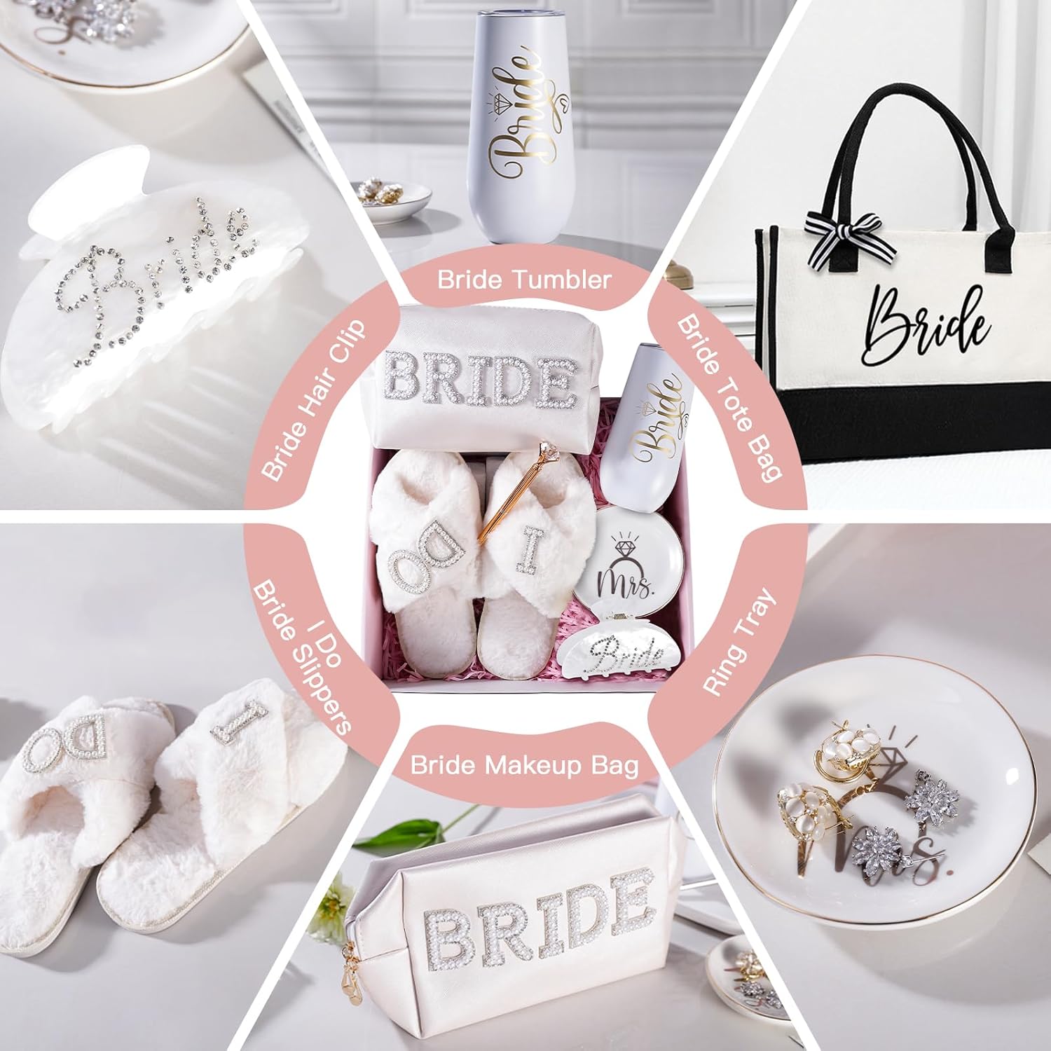 Bridal Shower Gifts7-Piece Birde Gift Set with Tumbler, Tote, Slippers, Makeup Bag & More-Gift for Bride to be Bachelorette Gifts for Her-Bridal Shower Decorations