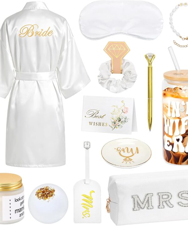 VZCBZC 12PCS Bridal Shower Gift, Bride to Be Gift for Wedding Day Bachelorette Gifts for Bride with Robe Cup Candle Jewelry Accessories