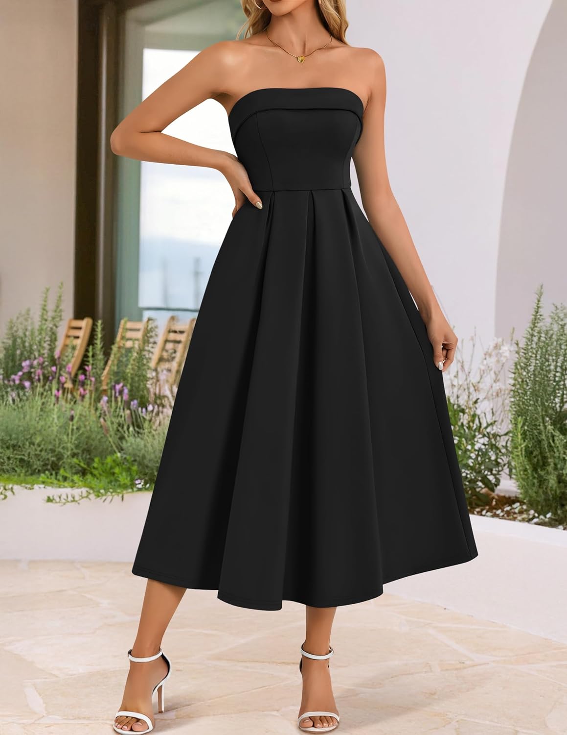 ZESICA Womens Summer Strapless Cocktail Dresses 2026 Elegant Off Shoulder Flowy A Line Wedding Guest Party Midi Dress