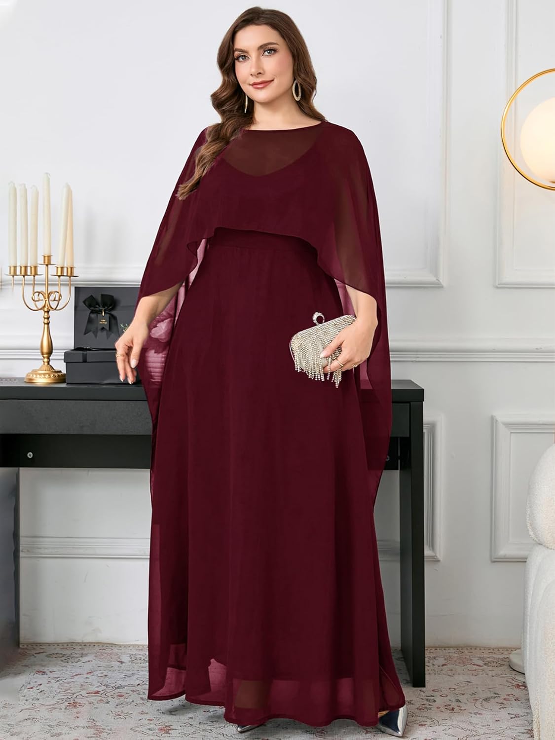 Plus Size Elegant Chiffon Dress Formal Long Cape Sleeve A Line Maxi Evening Gown Wedding Guest Cocktail Dresses