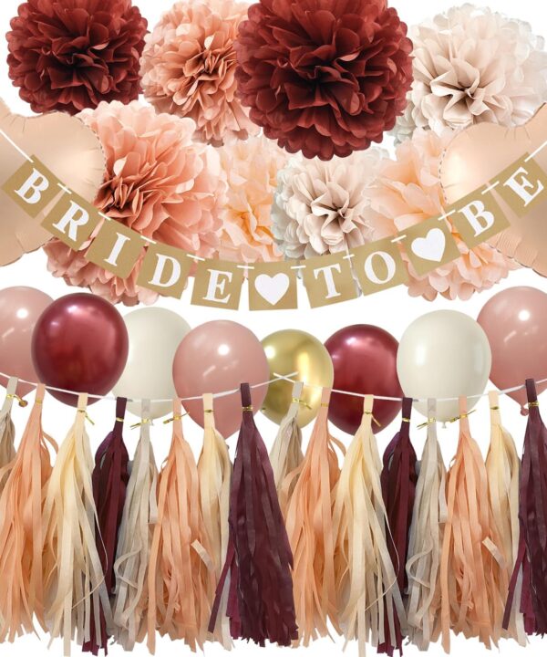 Bridal Shower Decorations Maroon - Fall color Maroon Dusty Pink Bachelorette Decorations with Balloons Tissue Paper Flower Pompoms and Tassel Garland Party Supplies (Burgundy + Peach)