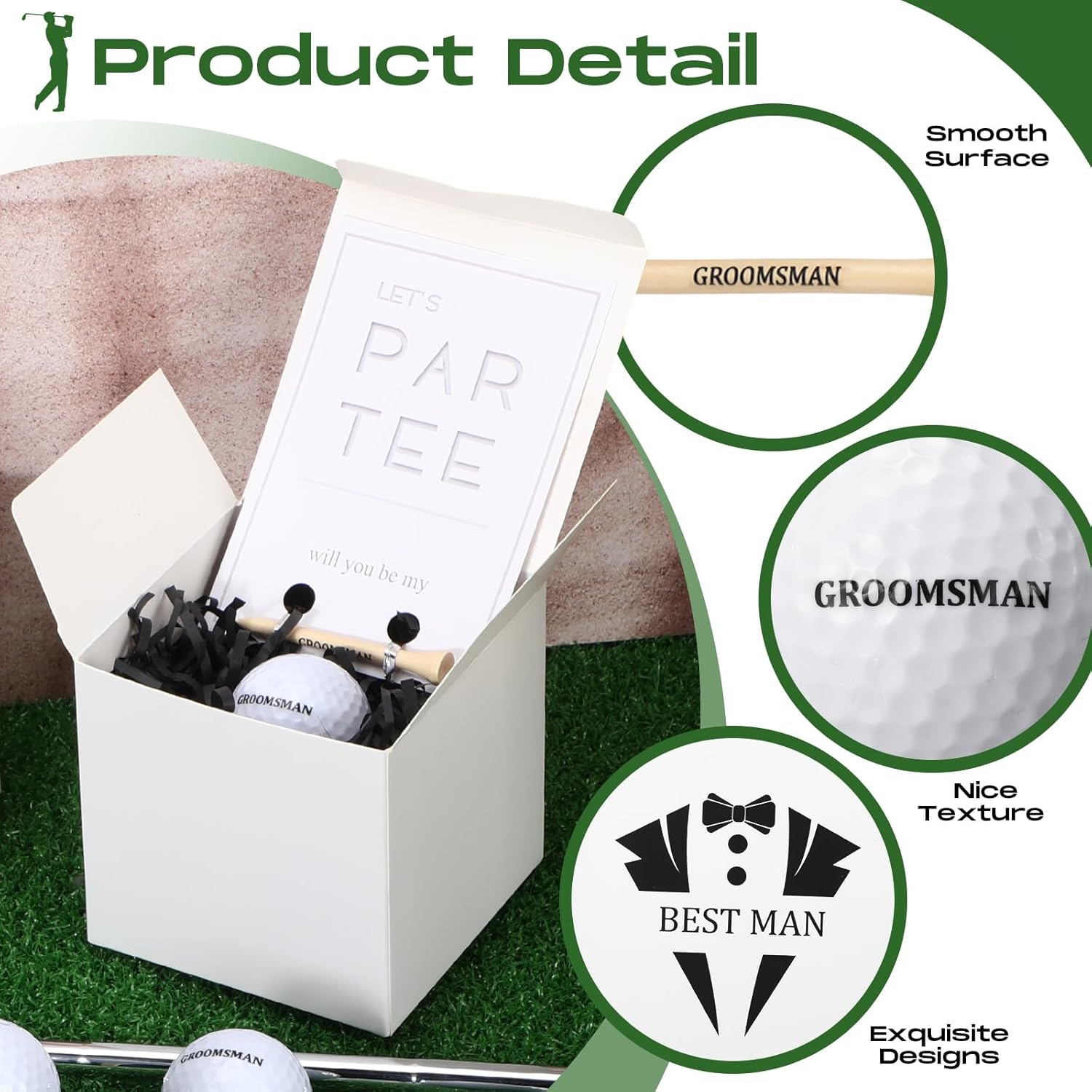6 Sets Groomsman Proposal Gift Box With Golf Ball, Bamboo Tees, Invitation Cards – Accessories for Wedding, Best Men, DIY – Black, White