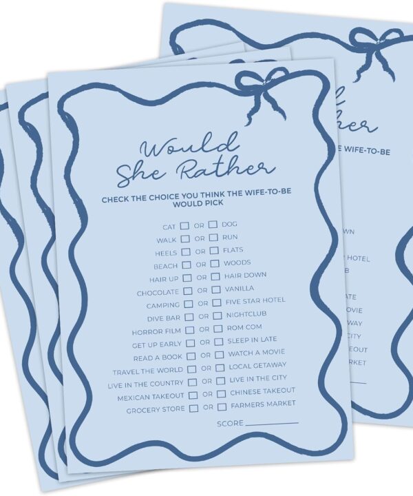 DEEKA 30 PCS Bridal Shower Games Card for 30 Guests Blue Wavy Border Ribbon Bow Funny Wedding Bachelorette Party Games for Reception (Would She Rather)