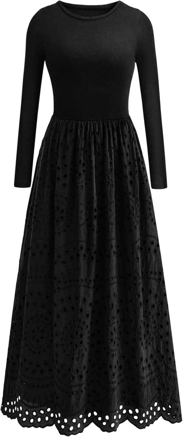 dowerme Women Spring Dresses 2026 Casual Long Sleeve Crewneck A-Line Boho Eyelet Cotton Maxi Wedding Guest Dress Pockets