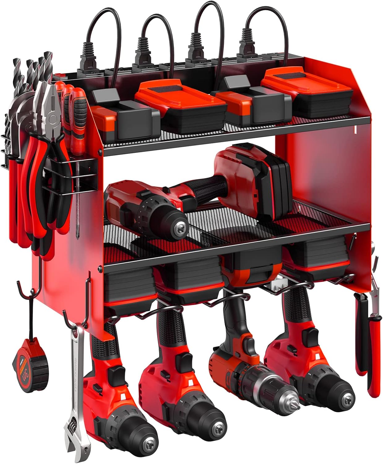 CCCEI Modular Power Tool Organizer Wall Mount with Charging Station. Garage Drill Storage Shelf with Hooks, Heavy Duty Rack, Tool Battery Holder Built in 8 Outlet. Gift for Men. Red, 1 Pack.