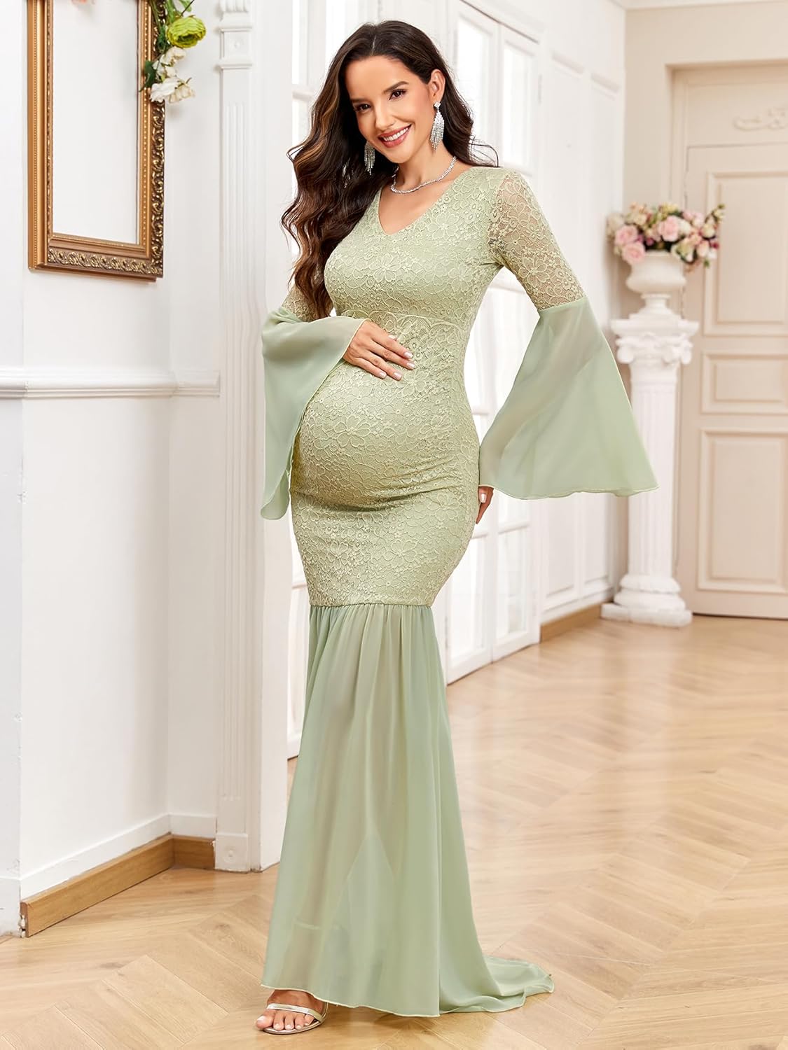 Maternity Dress Baby Shower Long Bell Sleeve Floral Lace Contrast Chiffon V-Neck Mermaid Pregnancy Photoshoot Gown