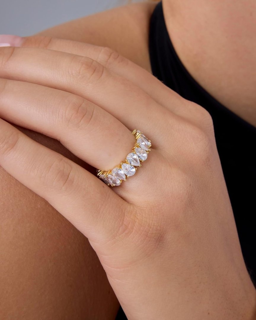 PAVOI 14K Gold Plated Pear Love Eternity Rings for Women | Gold Cubic Zirconia Ring | Bridal Eternity Wedding Band Ring