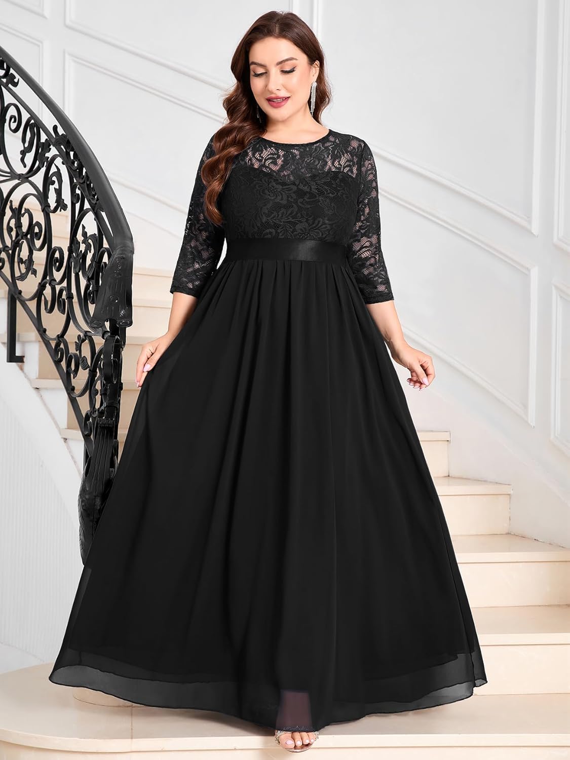 CYCLAMEN Plus Size Formal Lace Chiffon Dress Elegant 3/4 Sleeves Maxi Evening Gown Wedding Bridesmaid Party Dresses