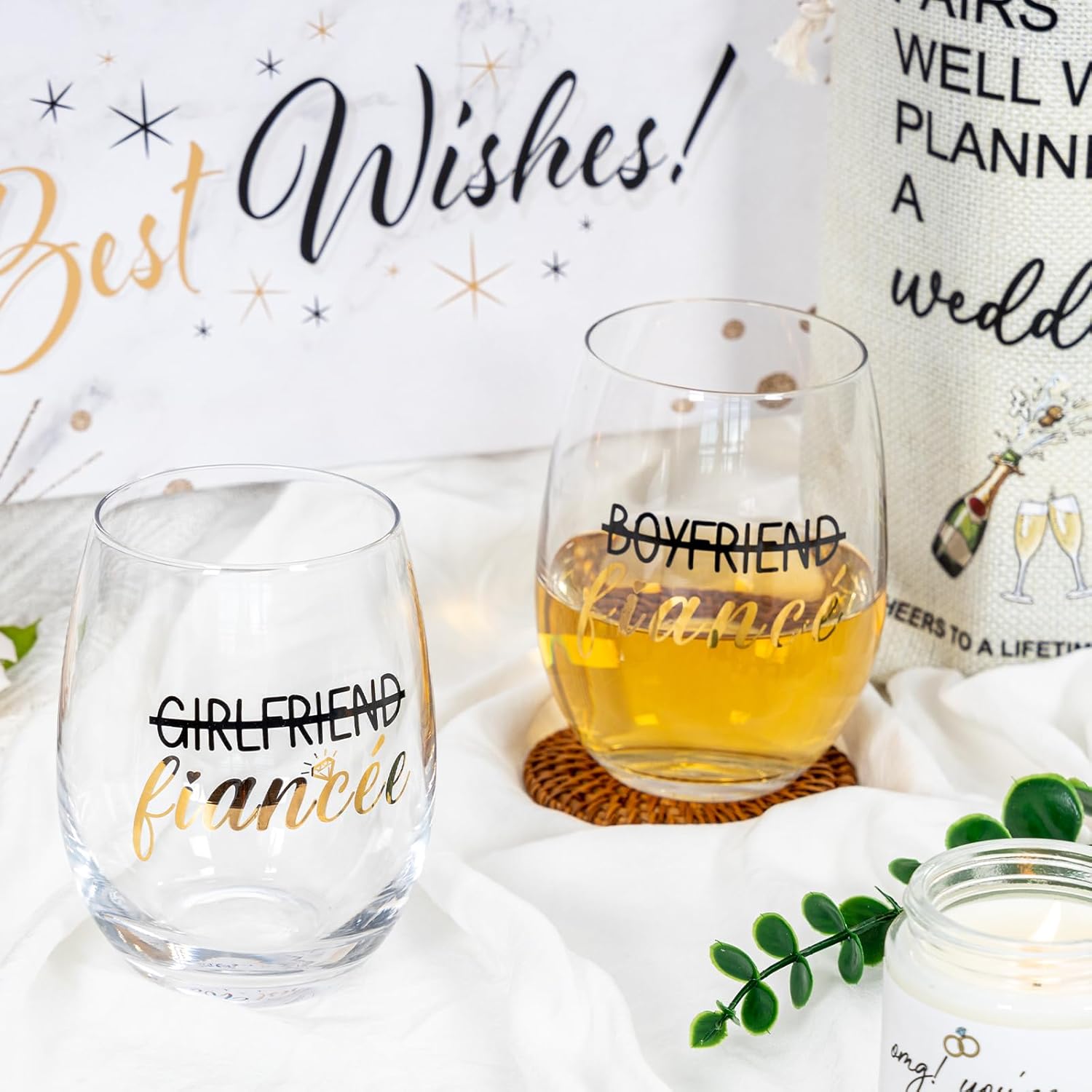 Engagement Gifts For Couples, Newly Engaged Fiance Gifts For Her Him Women Men, Future Mrs Just Enagaed Wine Glasses Bag Set With Candle And Ornament, Cool Wedding Party Decorations for Bride To Be