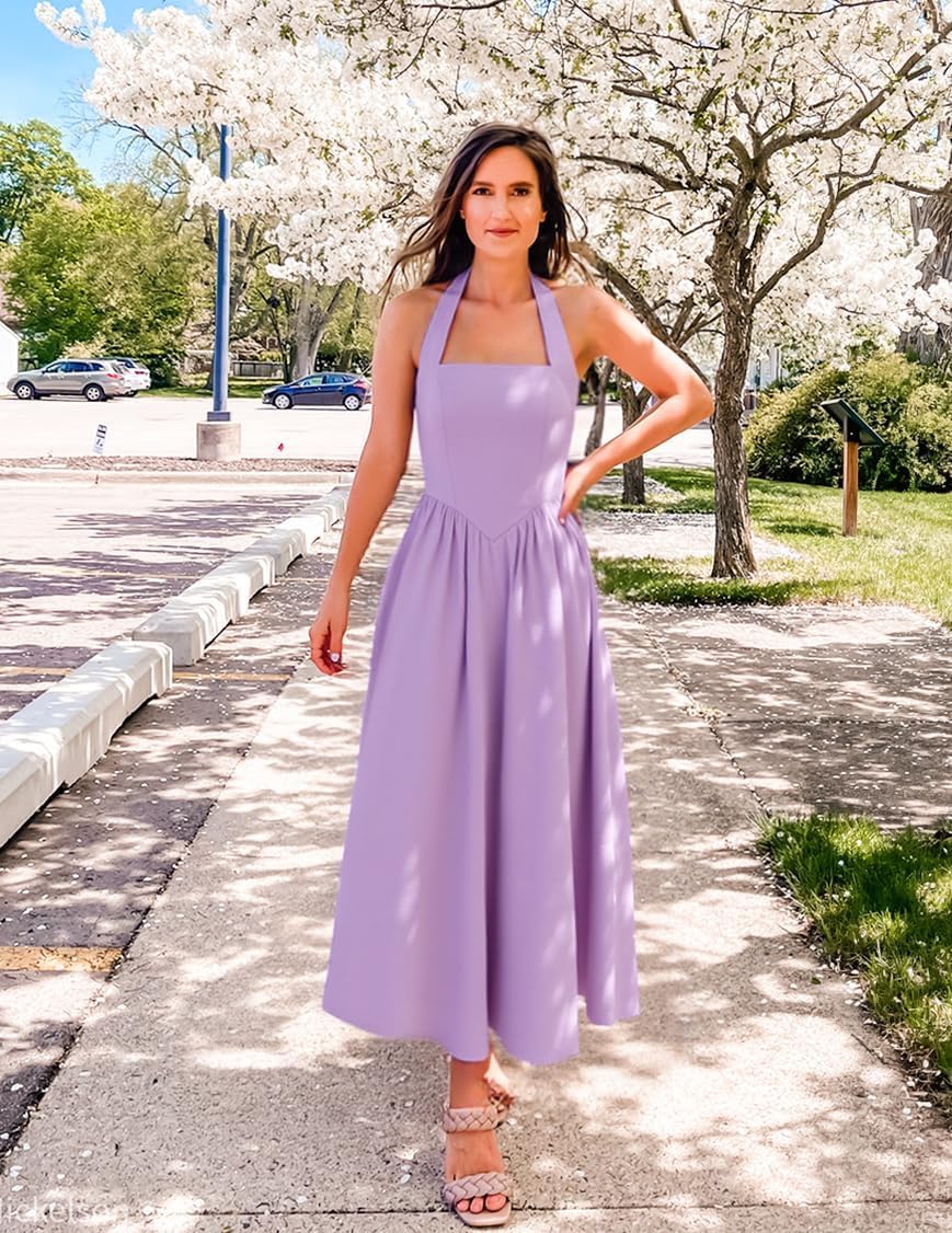 ZESICA Womens Summer Sleeveless Halter Midi Dress 2026 Off Shoulder High Waist Flowy Beach Wedding Guest Long Dresses