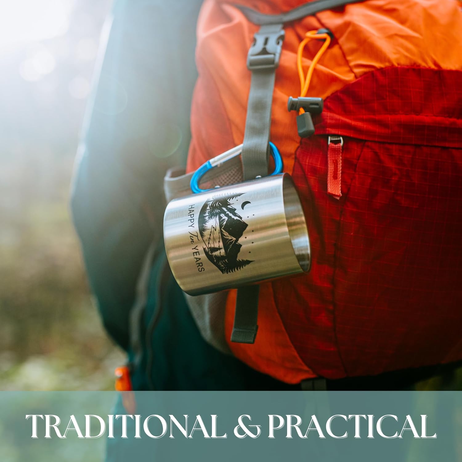 10 Year Anniversary Tin Gifts for Him Tin Anniversary for Husband – 8oz Aluminum Mug with Carabiner Handle 10th Anniversary for Couple (Orange)