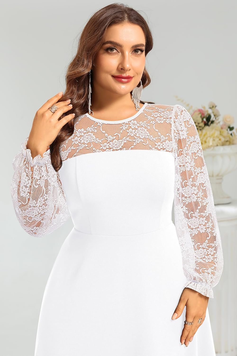 Plus Size Cocktail Dress – Lace Wedding Guest Party Crew Neck Short A Line Dresses Women