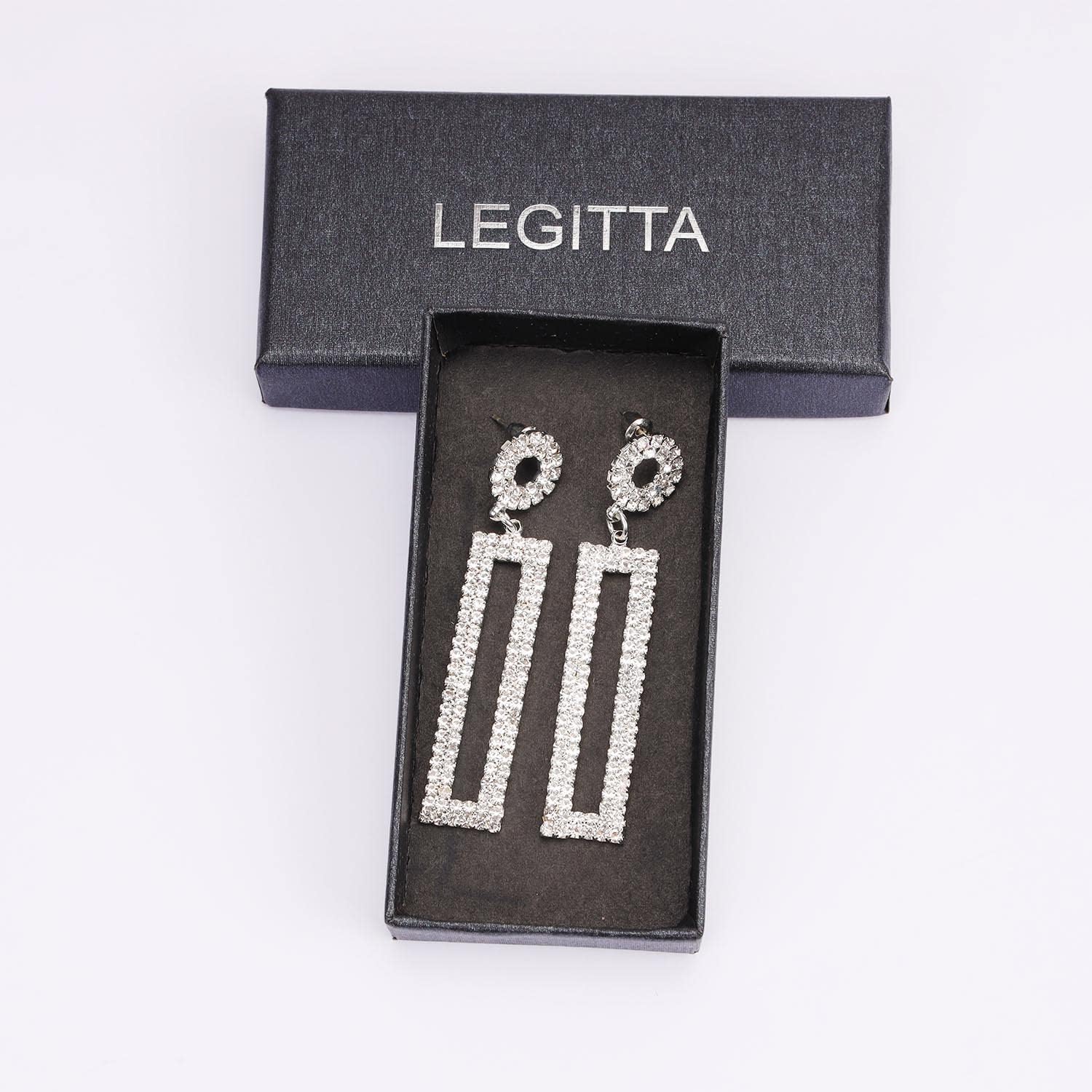 Rhinestone Long Drop Earrings Statement Rectangle Dangle with Circle Studs Fashion Jewelry