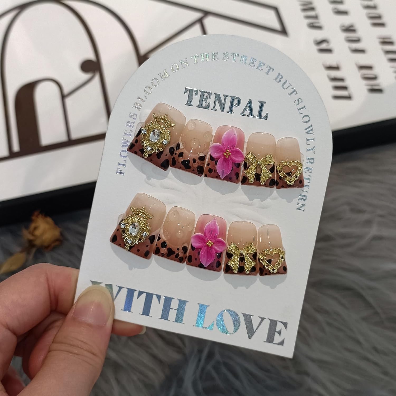 TENPAL Duckbill Nails,Brown Leopard French Tips Press on Nails with Kit,Soft Gel Fake Nails with 3D Charms Hearts Bows Flowers,Metallic Edgy Punk Y2K False Nail with Rhinestone for Winter Fall(S)