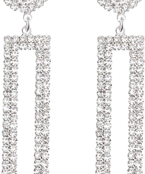 Rhinestone Long Drop Earrings Statement Rectangle Dangle with Circle Studs Fashion Jewelry