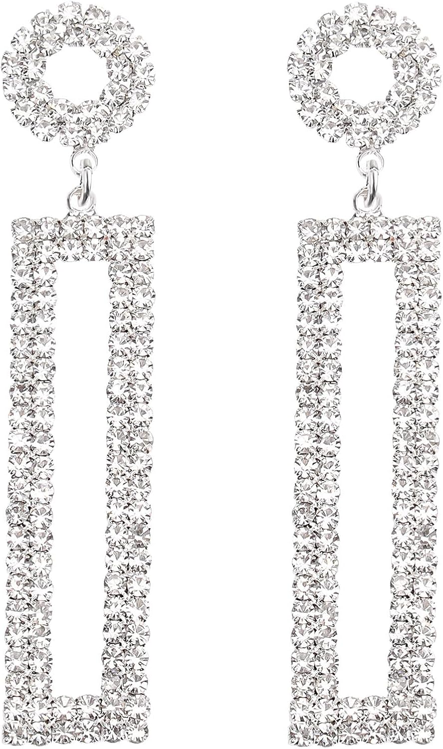 Rhinestone Long Drop Earrings Statement Rectangle Dangle with Circle Studs Fashion Jewelry