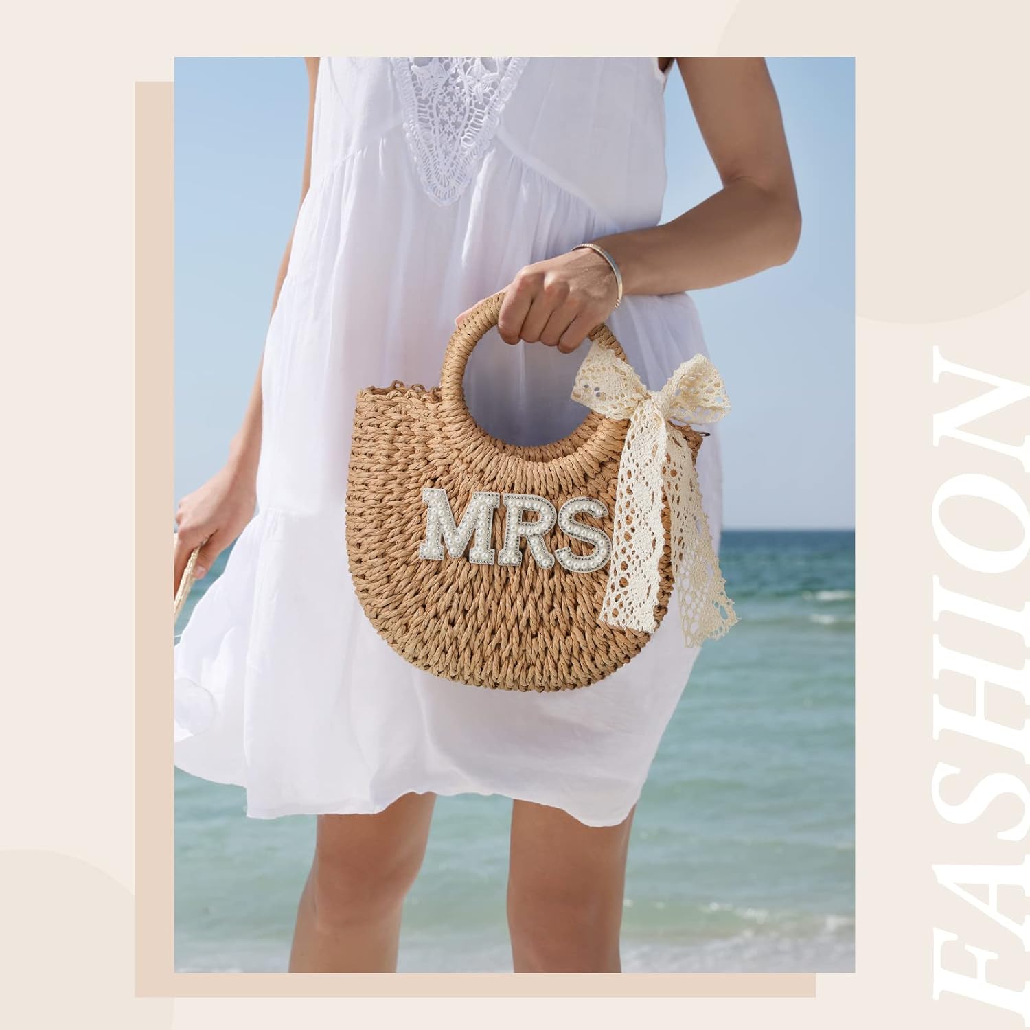 Pinkunn Bride Gift Bride Straw Purse Mrs Handwoven Bag Rhinestone Letter Bag Bachelorette Honeymoon Wedding Bridal Shower