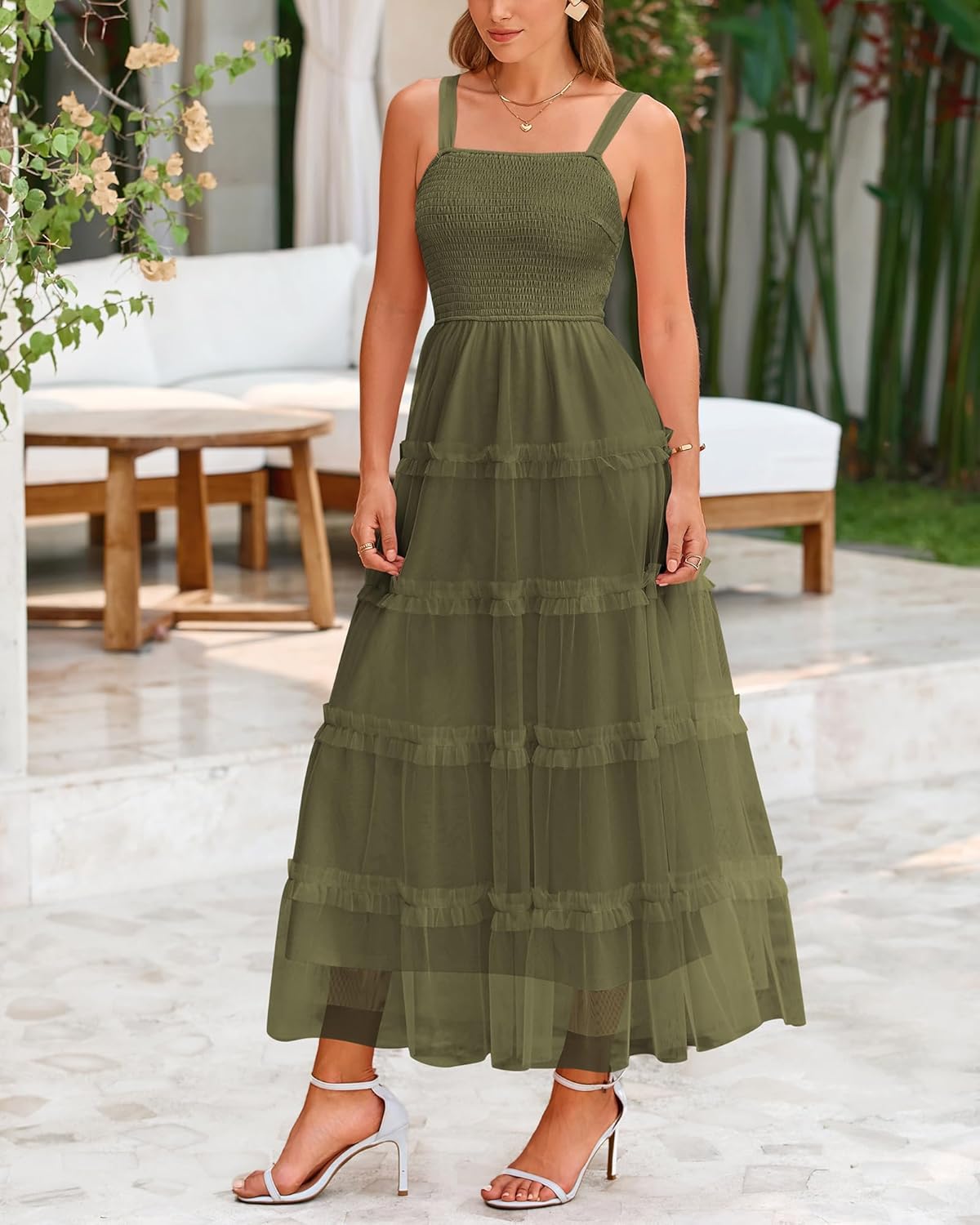 PRETTYGARDEN Womens Summer Dresses 2025 Sleeveless Smocked Tiered Ruffle Tulle A-Line Flowy Wedding Party Maxi Dress