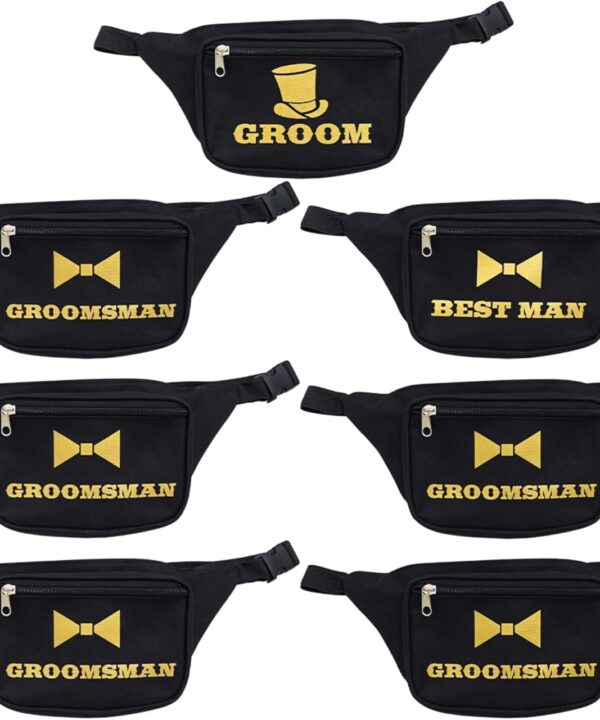 Brosash Bachelor Fanny Packs Set of 7  Groom, Best Man, and 5 Groomsman Waist Bags  Matching Party Favors for Bachelor Party, Wedding Weekend, Groomsmen Gift Fun Stylish Accessory for Men