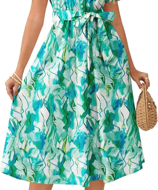 GRACE KARIN Womens Cotton Summer Boho Midi Dresses 2026 Puff Sleeve Shirt Dress Flowy Floral Wedding Guest Dress with Pocket