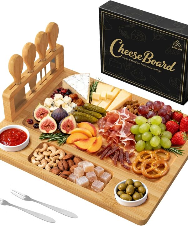 Bamboo Charcuterie Boards Gift Set, Cheese Board and Knife Set, Natural Bamboo Cutting Board Cheese Platter Tray, Cheeseboard Gift Set for House Warming, Wedding, Christmas, White Elephant