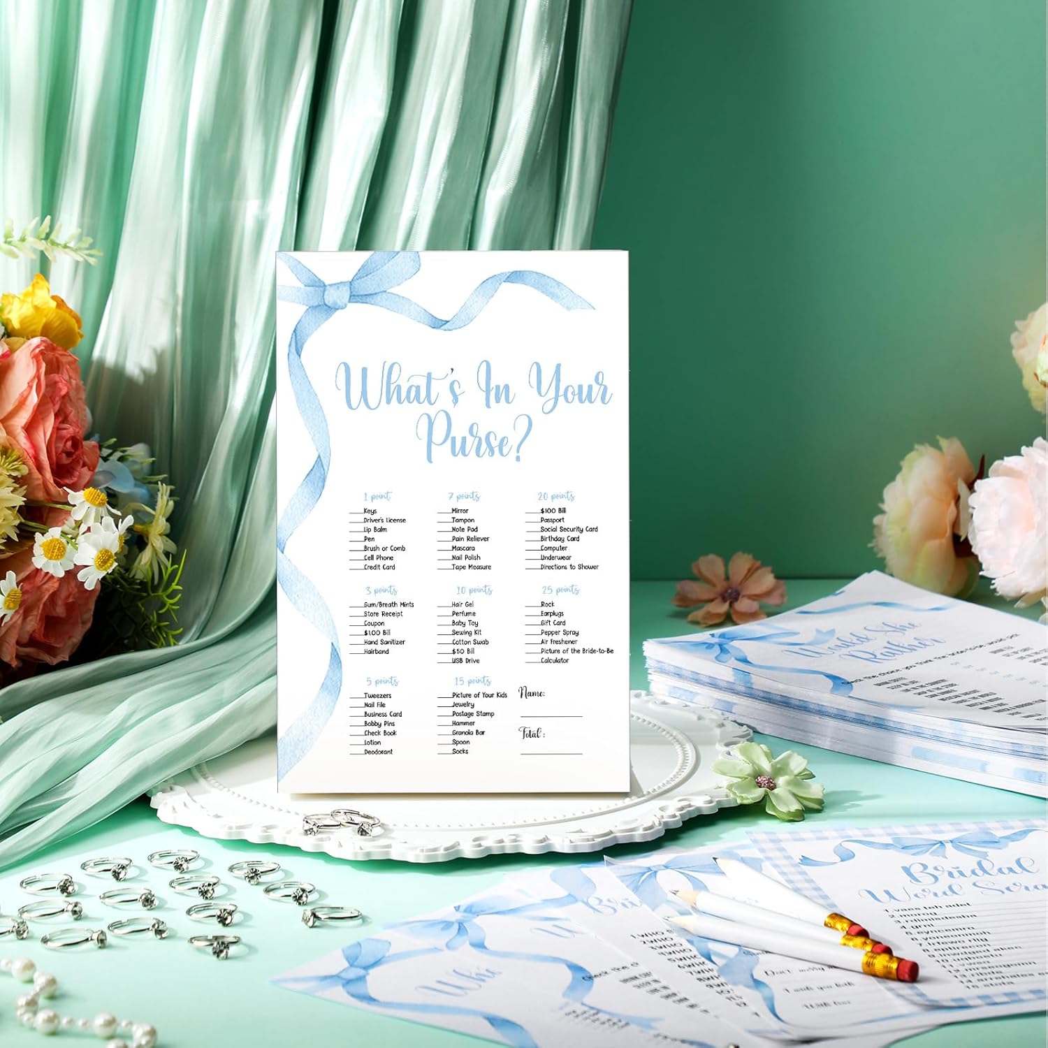 Estune 331 Pcs Bridal Shower Games Supplies, 5 Sets 250 Pcs Wedding Cards 1 Bridal Shower Games with 60 Rings and 20 Pencils (Blue Bow)