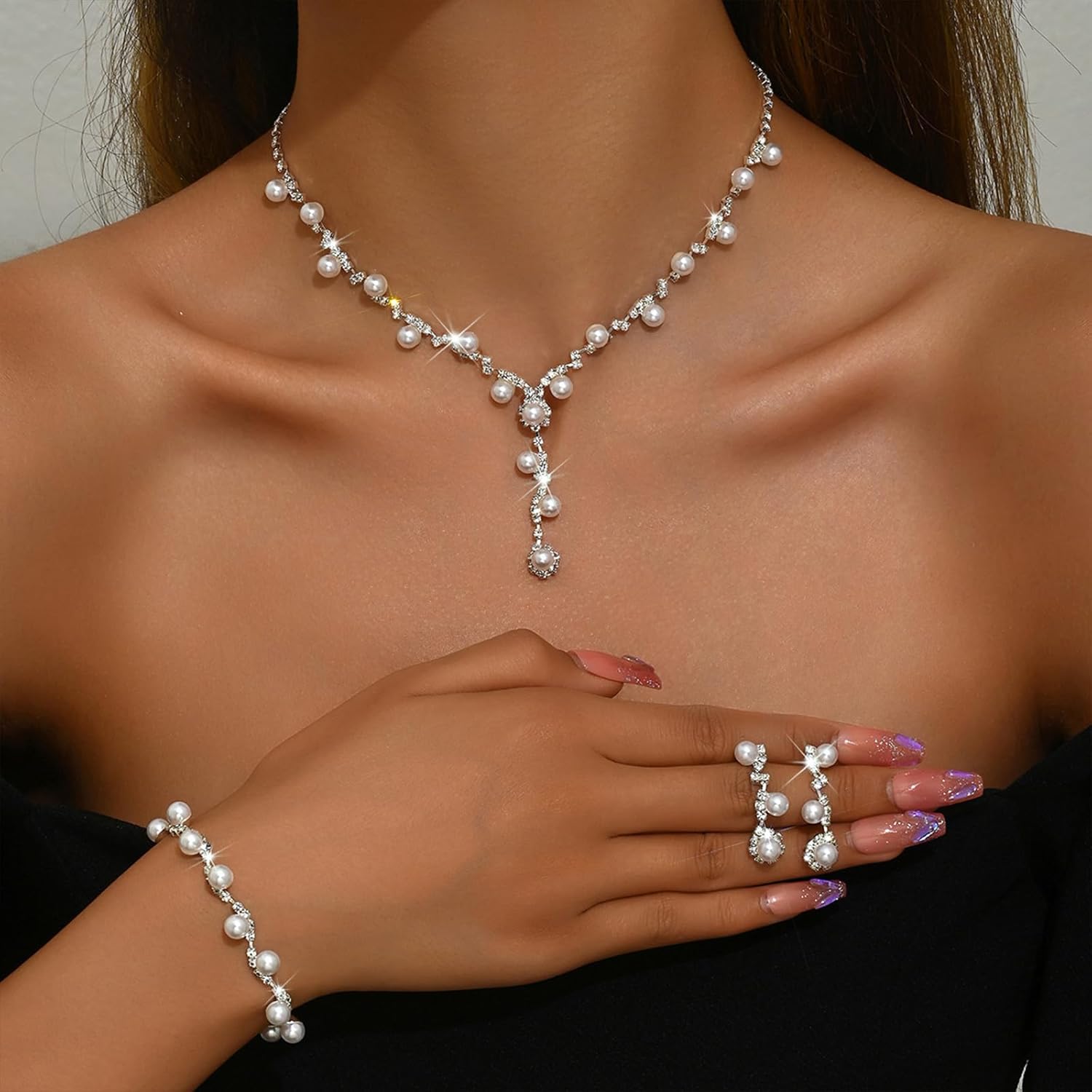 Wedding Jewelry Sets for Brides Silver Rhinestone Necklaces Earring Bracelet Set Wedding Sets for Women Prom Jewelry Sets for Women