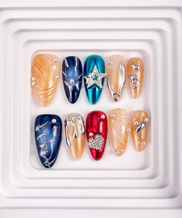 RDNTBEU Press on Nails Beach Medium Almond 3D Fake Nails Reusable Luxury Handmade False Nails with Design Pearl Heart Solid Star,Press ons Muti-Layer Acrylic Handmade Nails for Wome Manicure(Size M)