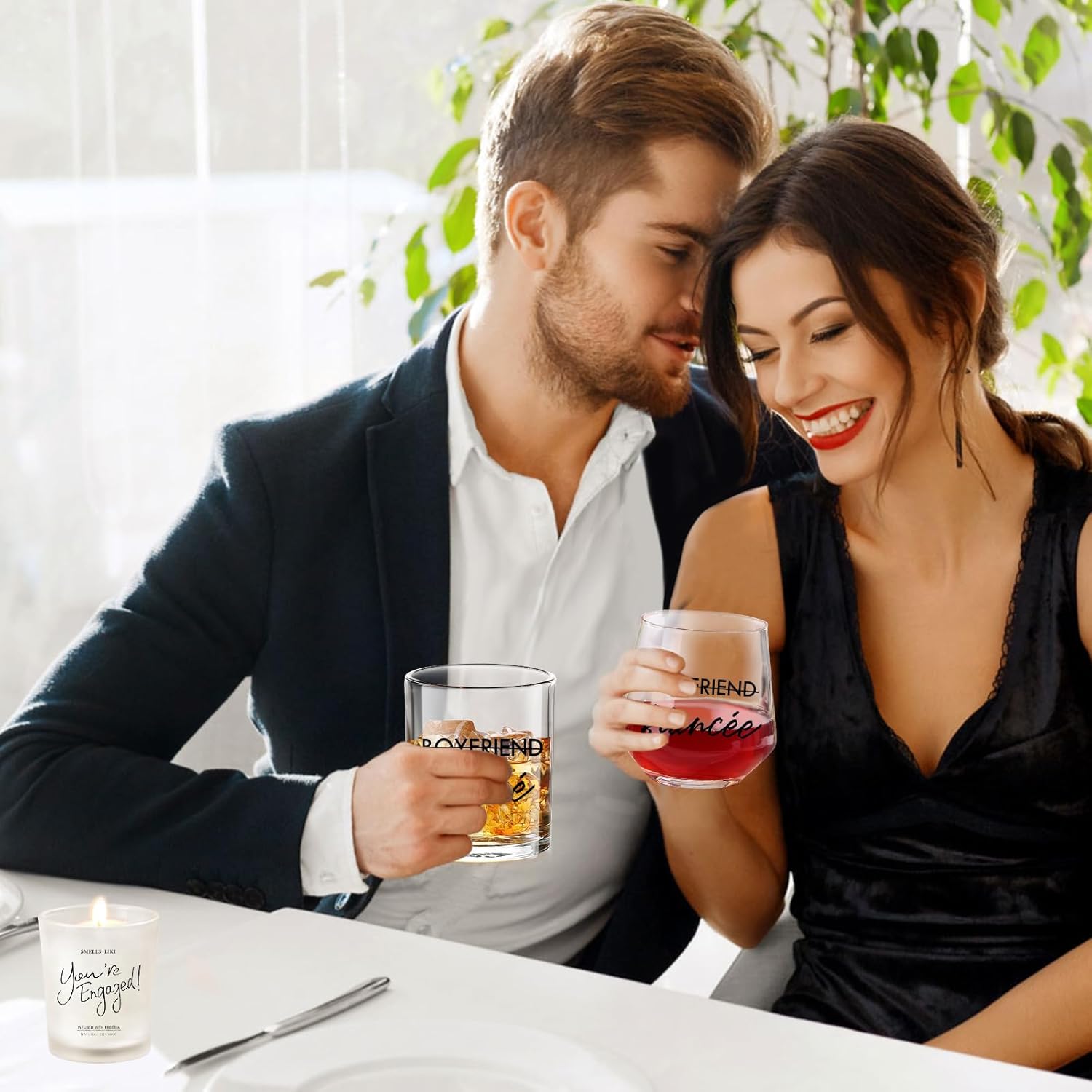 Engagement Gifts for Couples, 10 oz Whiskey and 12 oz Wine Glass Set, Newly Engaged Fiancee & Fiance Gifts for Women, Fade-Resistant, Beautiful Packaging, Proposal Decorations & She Said Yes Present