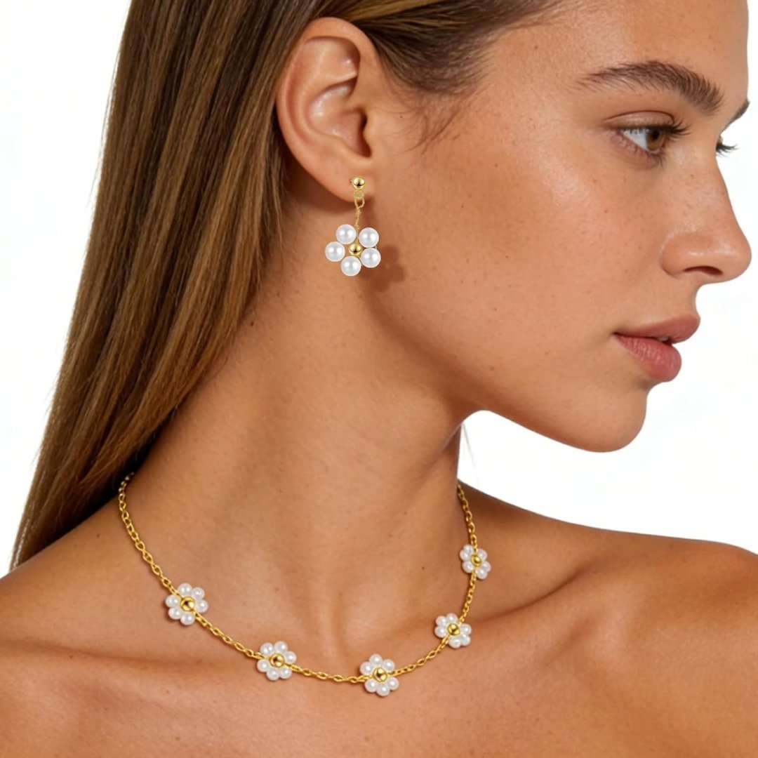 Gold Jewelry Set for Women Dainty 18K Gold Silver Plated Layered Daisy Pearl Flower Choker Necklaces Set Flower Bracelet & Drop Earrings Wedding Jewelry for Christmas Birthday Gifts