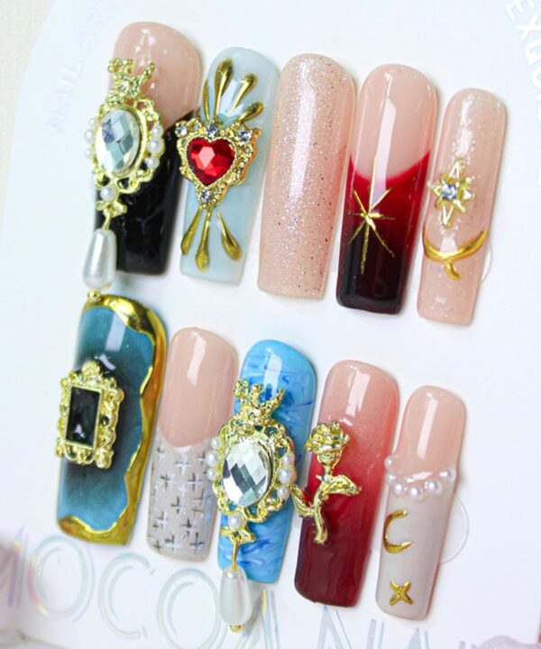 Maigitur 100% 5D Handmade Press on Nails with Charms Long Square Nails Press ons- French Tips False Nails Diamond Rose Heart Charms Press on Nails for Women Girls Daily Wear DIY Manicure Size M