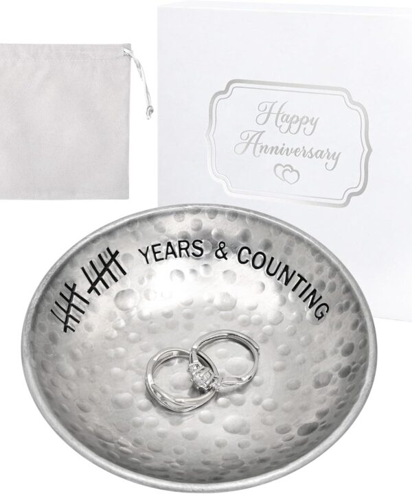CEELGON 10 Year Wedding Anniversary Tin Gifts - 4" Tin Jewelry Tray Engraved Aluminum Decorative Dish for Couple
