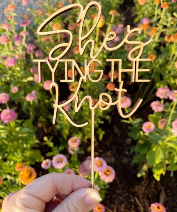 She's TYING THE Knot Wedding Cake Topper - Wooden Bridal Shower Backdrop  Bachelorette Party Sign  Bride to Be Sign  Bridal Shower Decor