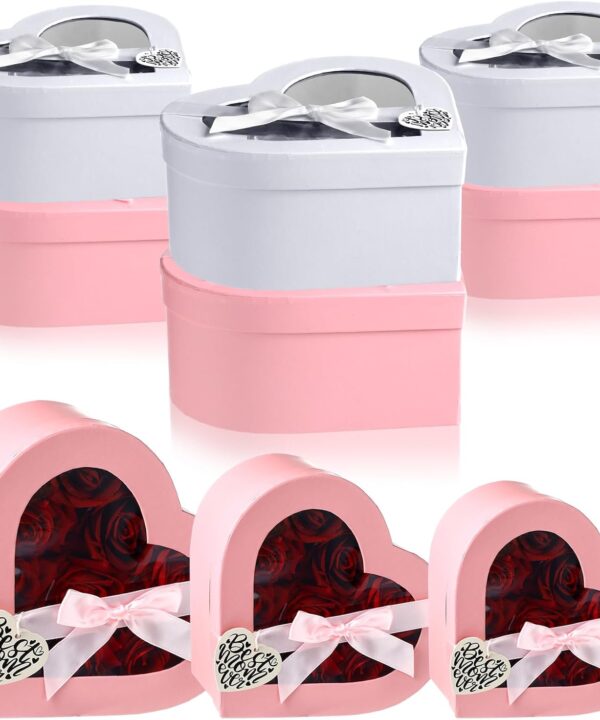 Skyygemm 6 Pcs Christmas Heart Shaped Box for Flowers Arrangements 3 Sizes Pink and White Floral Nesting Gift Boxes with Card and Ribbon Best Mom Ever for Xmas Wedding Birthday Present